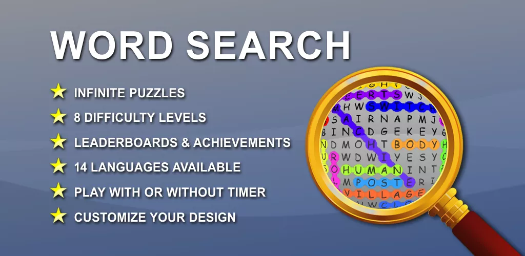 Banner for Word Search showcasing key game features