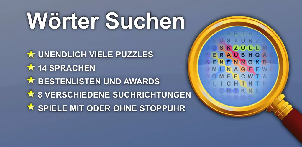 Banner for Wörter Suchen showcasing key game features